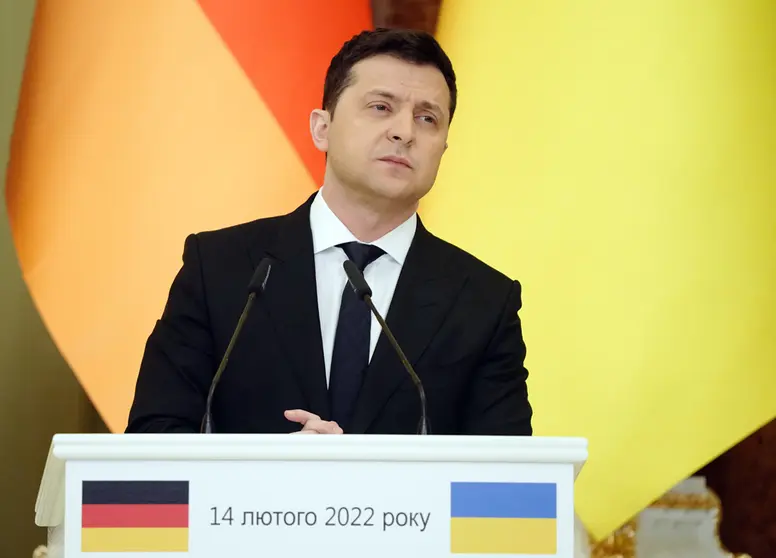 14 February 2022, Ukraine, Kiev: Ukrainian President Volodymyr Zelensky attends a joint press conference with German Chancellor Olaf Scholz, following their meeting at St. Mary's Palace. Photo: Kay Nietfeld/dpa.