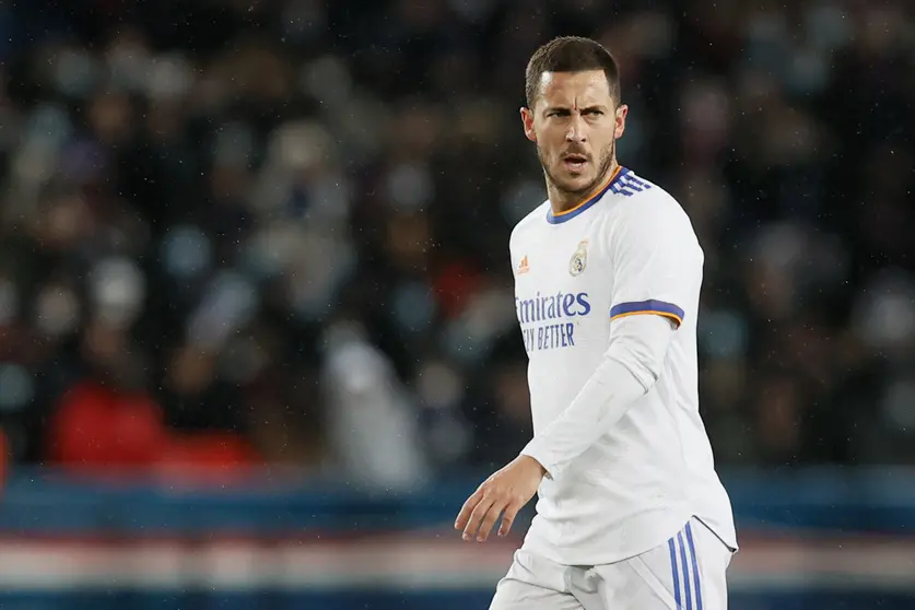 15 February 2022, France, Paris: Real Madrid's Eden Hazard pictured during the UEFA Champions League round of 16 first leg soccer match between Paris Saint-Germain and Real Madrid at Parc des Princes stadium. Photo: Bruno Fahy/BELGA/dpa.