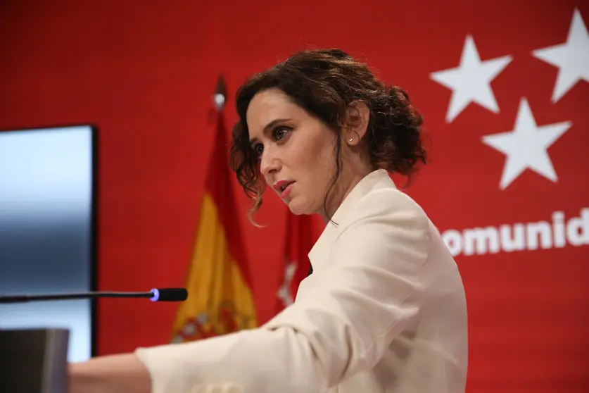 18 January 2022, Spain, Madrid: Isabel Diaz Ayuso, President of the Community of Madrid, speaks during a press conference. The popular regional leader of the capital region of Madrid accused her party leadership under PP leader Casado of "fabricating" allegations of corruption to "destroy" her. Photo: Ricardo Rubio/EUROPA PRESS/dpa