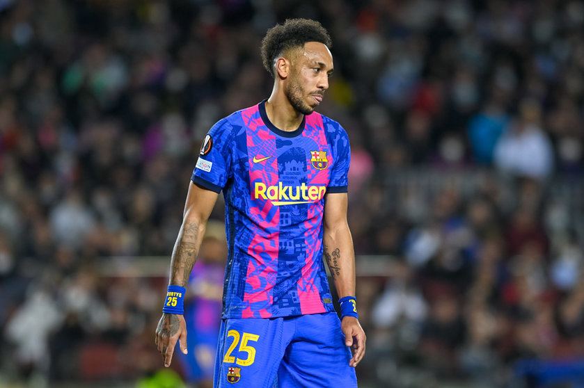 17 February 2022, Spain, Barcelona: Barcelona's Pierre-Emerick Aubameyang in action during the UEFA Europa League play-offs first leg soccer match between FC Barcelona and SSC Napoli at Camp Nou. Photo: Gerard Franco/DAX via ZUMA Press Wire/dpa.