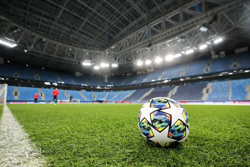 FILED - 04 November 2019, Russia, St. Petersburg: A general view of a ball on the pitch during a training session ahead of the UEFA Champions League Group G soccer match between Zenit St. Petersburg and RB Leipzig at the Gazprom-Arena. UEFA has been heavily criticized on social media after reiterating that it has no current plans to move May's Champions League final away from the Russian city of St Petersburg. Photo: Jan Woitas/dpa-Zentralbild/dpa.