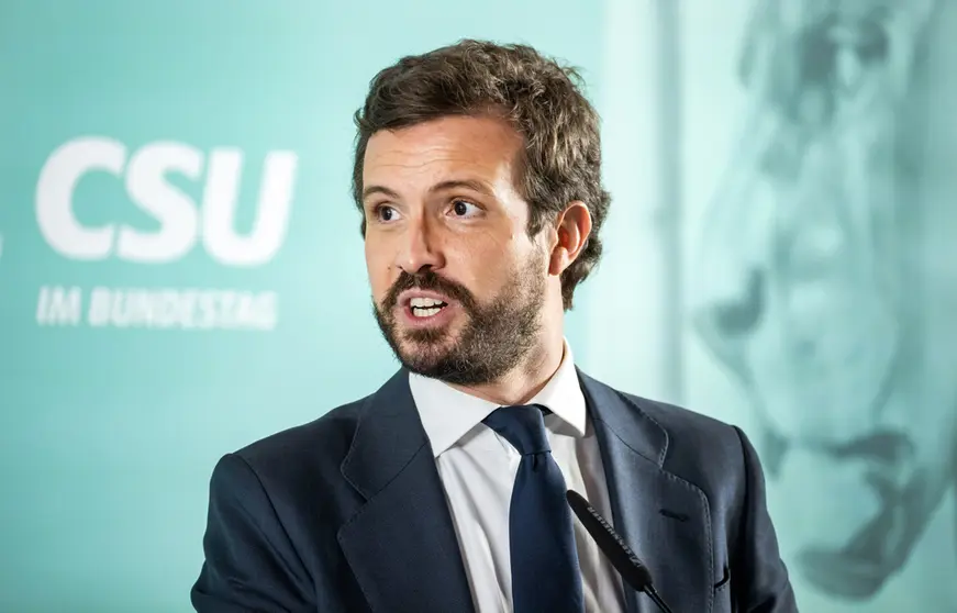 02 February 2022, Berlin: Pablo Casado, chairman of the Spanish Partido Popular party, speaks at the start of the closed-door meeting of the Christian Social Union (CSU) parliamentary group at the German Bundestag. The traditional winter retreat was supposed to take place at the beginning of January, but had to be postponed due to several corona cases. Photo: Bernd von Jutrczenka/dpa.