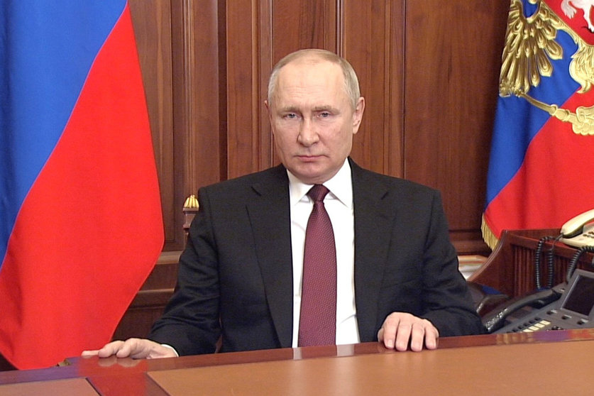 HANDOUT - 24 February 2022, Russia, Moscow: Russian President Vladimir Putin gives a televised address announcing a special military operation in Donbass. Photo: -/Kremlin/dpa - ATTENTION: editorial use only and only if the credit mentioned above is referenced in full.
