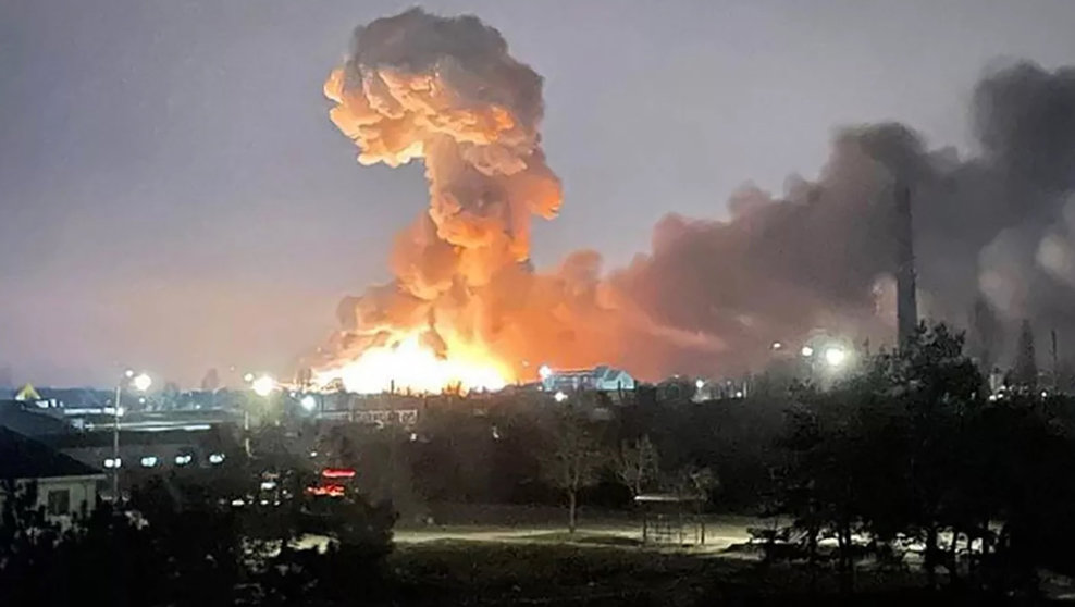 24 February 2022, Ukraine, Kiev: Smoke rises after an explosion in the capital city of Kiev early Thursday. Russia launched an all-out assault on Ukraine on Thursday, shelling towns and bases with airstrikes or shells. Photo: Ukrainian President's Office/ZUMA Press Wire/dpa.