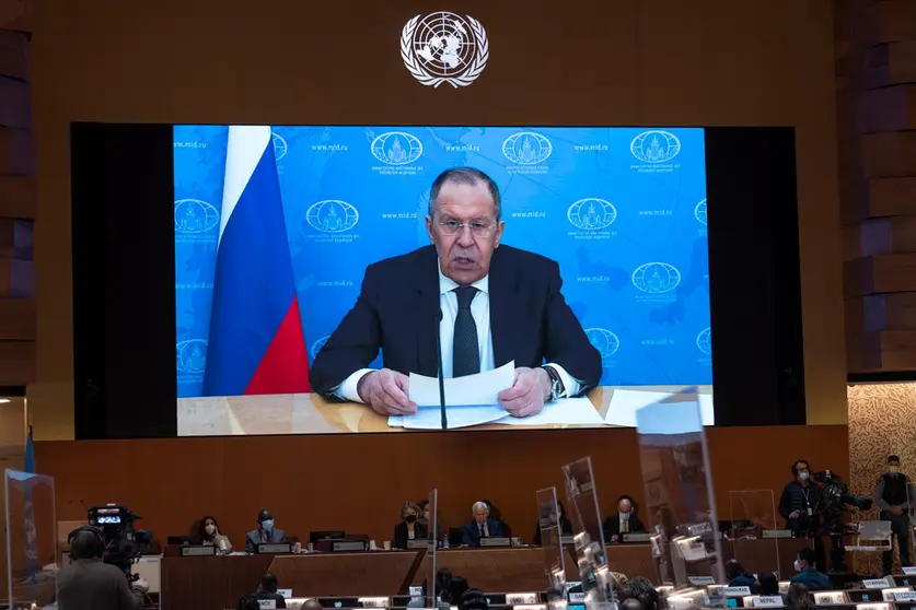 HANDOUT - 01 March 2022, Switzerland, Geneva: Russian Foreign Minister Sergey Lavrov delivers a pre-recorded video speech at the 49th session of the UN Human Rights Council at the European headquarters of the United Nations in Geneva. Photo: Jean Marc Ferré/UN Photo/dpa - ATTENTION: editorial use only and only if the credit mentioned above is referenced in full.