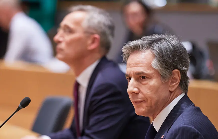 HANDOUT - 04 March 2022, Belgium, Brussels: US Secretary of State Antony Blinken (R) and NATO Secretary General Jens Stoltenberg, attend an extraordinary EU foreign ministers meeting at the European Council in Brussels. Photo: Mario Salerno/EU Council/dpa - ATTENTION: editorial use only and only if the credit mentioned above is referenced in full.