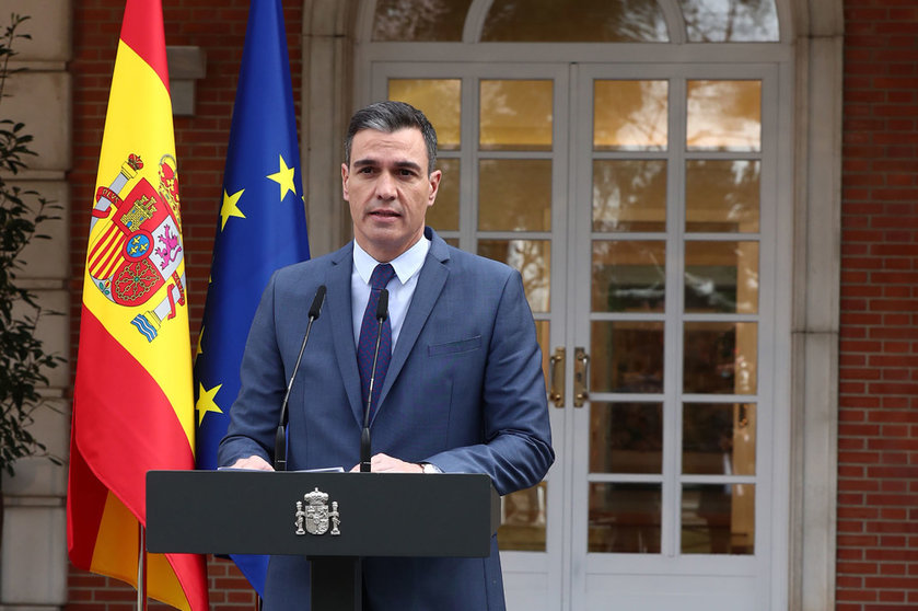 02/24/2022. Prime Minister Pedro Sánchez has made an institutional statement in La Moncloa to report on the situation in Ukraine and the crisis caused by Russia, after the meeting of the National Security Council chaired by King Felipe VI. Photo: La Moncloa.