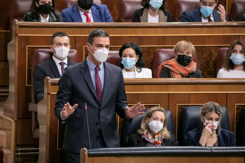 09.03.2022 Spanish Prime Minister Pedro Sanchez speaks during Parliamentary question time at the lower house of Parliament (Congress of Deputies). Photo: Eva Ercolanese/PSOE.