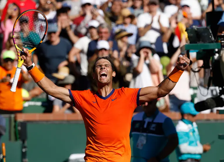 12 March 2022, US, Indian Wells: Spainsh tennis player Rafael Nadal celebrates after defeating USA's Sebastian Korda during their Men's Singles Round of 64 Tennis match of the Indian Wells Masters tennis tournament at Indian Wells Tennis Garden. Photo: Charles Baus/CSM via ZUMA Press Wire/dpa.