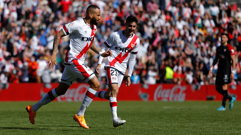 13 March 2022, Spain, Madrid: Rayo Vallecano's Bebe celebrates scoring his side's first goal during the Spanish La Liga soccer match between Rayo Vallecano and Sevilla FC at Estadio de Vallecas. Photo: Apo Caballero/DAX via ZUMA Press Wire/dpa.