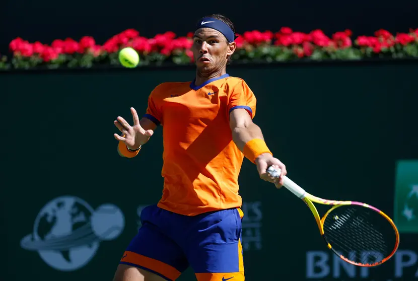 14 March 2022, US, Indian Wells: Spainsh tennis player Rafael Nadal returns a shot against UK's Daniel Evans during their Men's Singles Round of 32 Tennis match of the Indian Wells Masters tennis tournament at Indian Wells Tennis Garden. Photo: Charles Baus/CSM via ZUMA Press Wire/dpa.