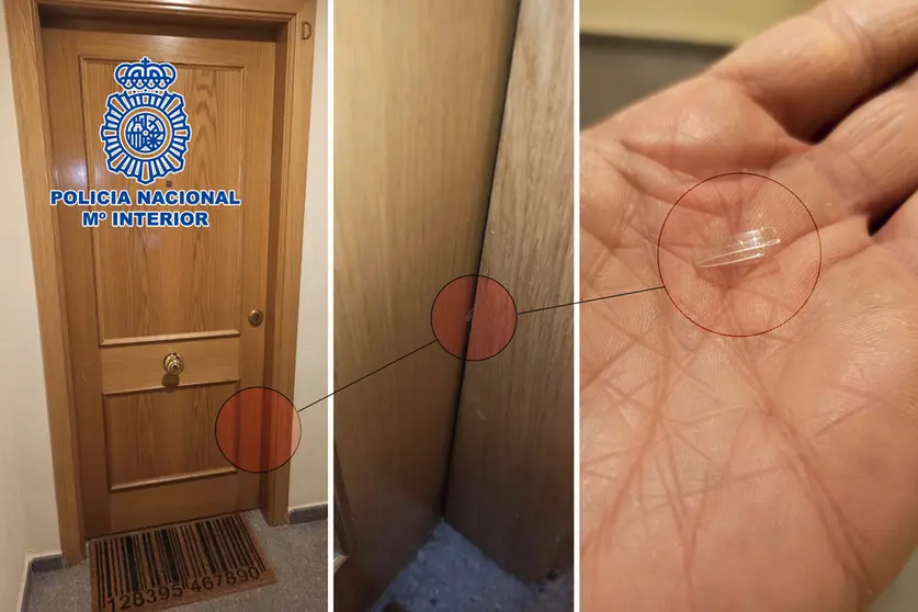 The suspects marked the doors with plastic tokens or glue to ensure that no one was inside during the robbery. Image: Policia Nacional.