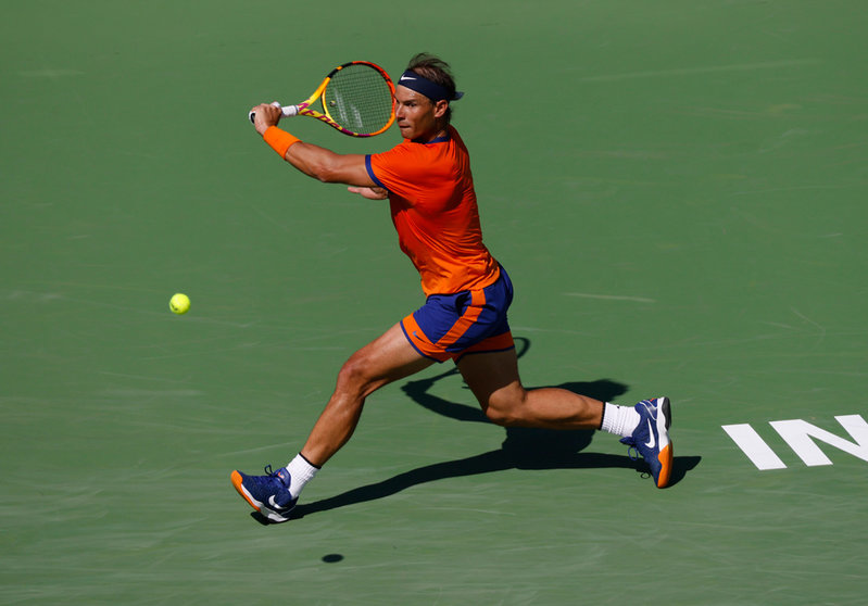 16 March 2022, US, Indian Wells: Spanish tennis player Rafael Nadal in action against USA's Reilly Opelka during their Men's Singles Round of 16 Tennis match of the Indian Wells Masters tennis tournament at Indian Wells Tennis Garden. Photo: Charles Baus/CSM via ZUMA Press Wire/dpa.