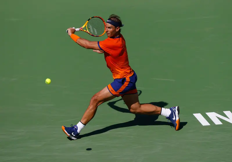 16 March 2022, US, Indian Wells: Spanish tennis player Rafael Nadal in action against USA's Reilly Opelka during their Men's Singles Round of 16 Tennis match of the Indian Wells Masters tennis tournament at Indian Wells Tennis Garden. Photo: Charles Baus/CSM via ZUMA Press Wire/dpa.