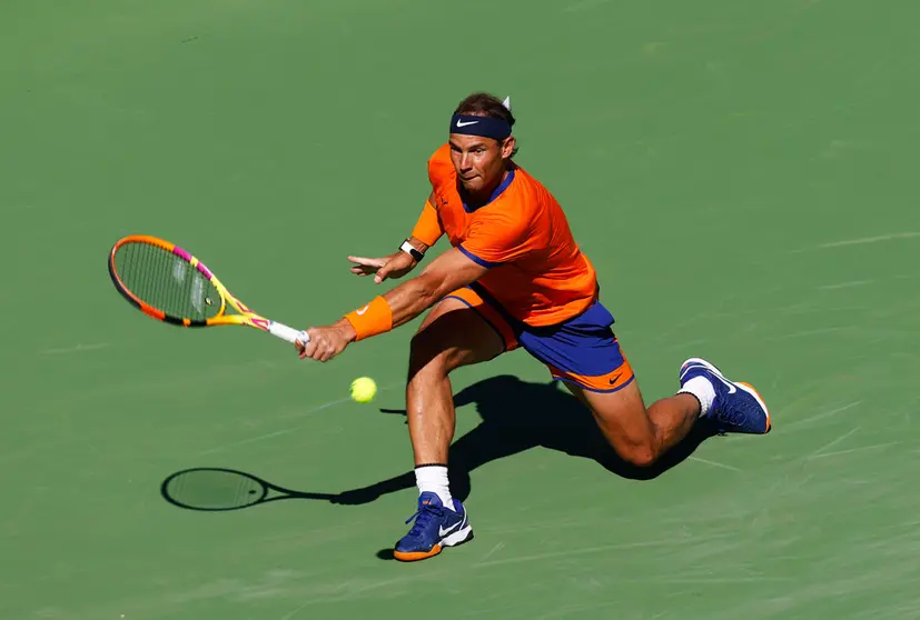 17 March 2022, US, Indian Wells: Spanish tennis player Rafael Nadal in action against Australia's Nick Kyrgios during their Men's Singles Quarter-final Tennis match of the Indian Wells Masters tennis tournament at Indian Wells Tennis Garden. Photo: Charles Baus/CSM via ZUMA Press Wire/dpa.