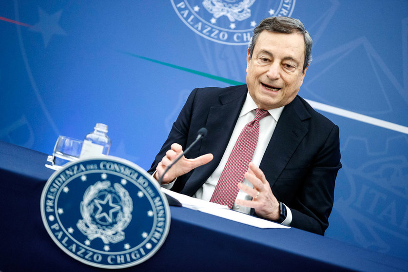 17 March 2022, Italy, Rome: Italian Prime Minister Mario Draghi holds a press conference after the cabinet meeting. Photo: Roberto Monaldo/LaPresse via ZUMA Press/dpa.