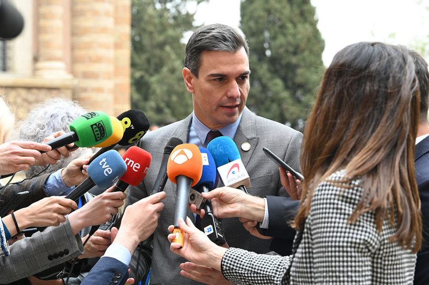 03/18/2022. The President of the Government, Pedro Sánchez, addresses the media after meeting with the Prime Minister of Italy, Mario Draghi, the Prime Minister of Portugal, António Costa, and the Prime Minister of Greece, Kyriakos Mitsotakis. Photo: La Moncloa.