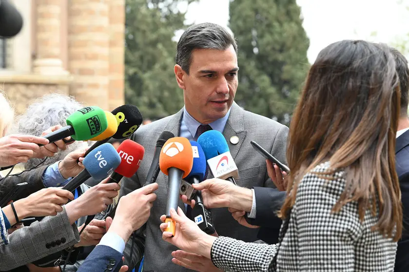 03/18/2022. The President of the Government, Pedro Sánchez, addresses the media after meeting with the Prime Minister of Italy, Mario Draghi, the Prime Minister of Portugal, António Costa, and the Prime Minister of Greece, Kyriakos Mitsotakis. Photo: La Moncloa.