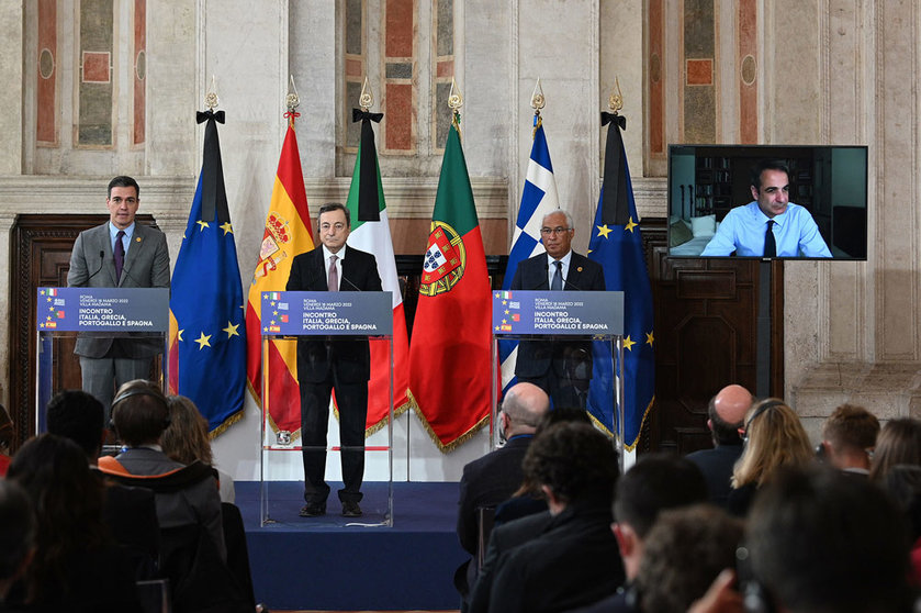 18/03/2022. Spanish Prime Minister Pedro Sánchez, during his meeting with the Prime Minister of Italy, Mario Draghi, the Prime Minister of Portugal, António Costa, and the Prime Minister of Greece, Kyriakos Mitsotakis. Photo: La Moncloa.