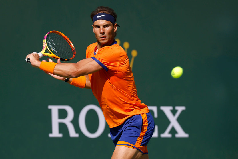 20 March 2022, US, Indian Wells: Spanish tennis player Rafael Nadal in action against USA's Taylor Fritz during their Men's Singles Final Tennis match of the Indian Wells Masters tennis tournament at Indian Wells Tennis Garden. Photo: Charles Baus/CSM via ZUMA Press Wire/dpa.