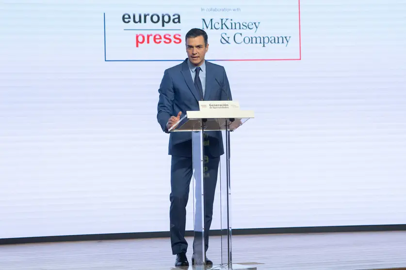 28 March 2022, Spain, Madrid: Spanish Prime Minister Pedro Sanchez speaks at the meeting of the 'Generation of Opportunities' forum. Photo: Alberto Ortega/EUROPA PRESS/dpa.