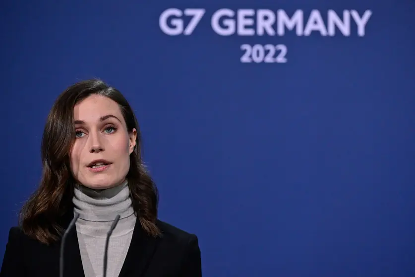 16 March 2022, Berlin: Finnish Prime Minister Sanna Marin holds a joint press conference with German Chancellor Olaf Scholz at the Chancellor's Office. Photo: John Macdougall/AFP-Pool/dpa.