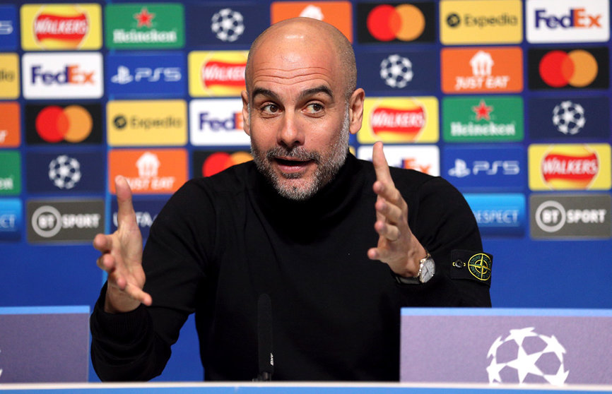 04 April 2022, United Kingdom, Manchester: Manchester City's manager Pep Guardiola speaks during a press conference at the City Football Academy ahead of Tuesday's UEFA Champions League quarter-final first leg soccer match against Atletico Madrid. Photo: Nigel French/PA Wire/dpa.