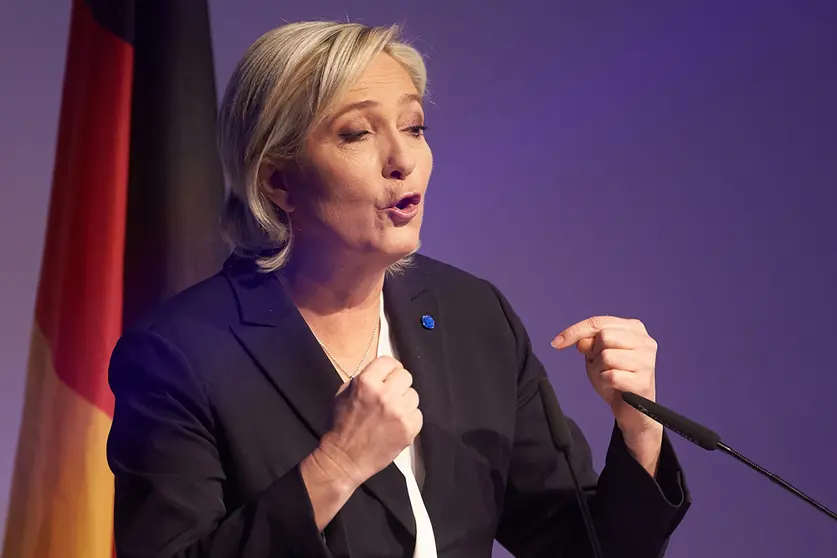 FILED - 21 January 2017, Rhineland-Palatinate, Koblenz: Chairwoman of the French National Rally Marie Le Pen speaks during the congress of the right-wing populist ENF group in the European Parliament. Photo: picture alliance / Thomas Frey/dpa.