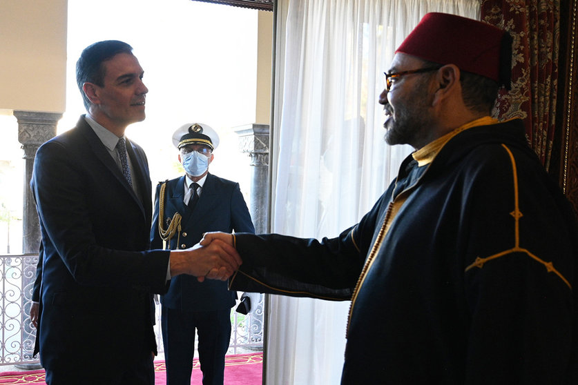 08/04/2022. Prime Minister Pedro Sánchez, has met in Rabat with the King of Morocco, Mohammed VI, with whom he held a meeting in which they discussed the new stage opened in relations between Spain and Morocco. Photo: La Moncloa.