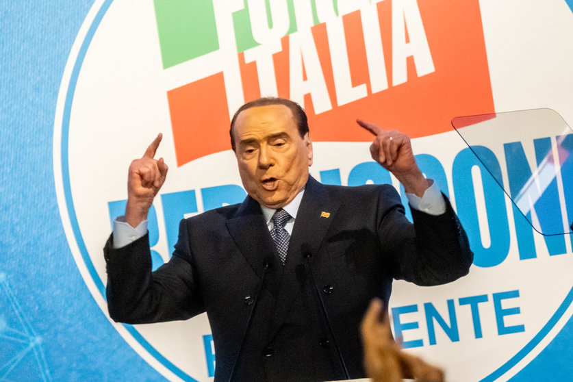 09 April 2022, Italy, Rome: Former Italian Prime Minister and leader of the Forza Italia party Silvio Berlusconi speaks during "Italy of the future" rally at Hotel Parco dei Principi. Photo: Mauro Scrobogna/LaPresse via ZUMA Press/dpa.