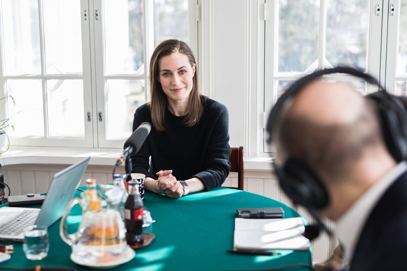 Finnish Prime Minister Sanna Marin during an interview with political journalists on Sunday. Photo: Laura Kotila/Vnk.