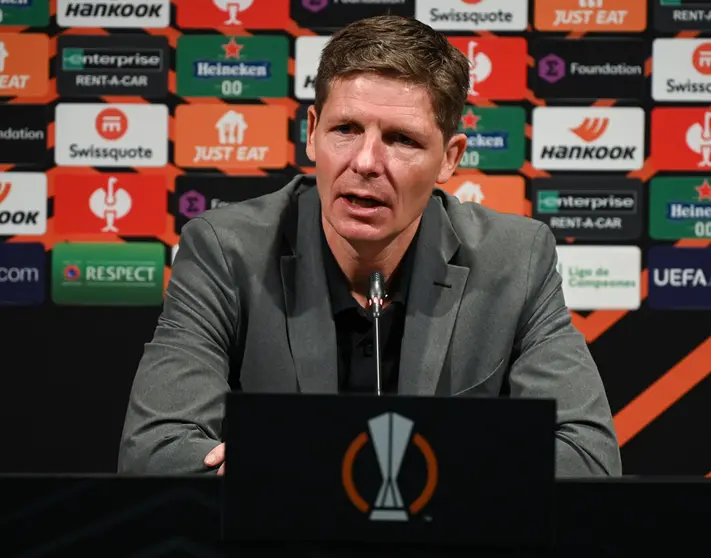 13 April 2022, Hessen, Frankfurt_Main: Eintracht Frankfurt head coach Oliver Glasner speraks at the team's press conference ahead of Thursday's UEFA Europa League quarter final first leg soccer match against Barcelona. Photo: Arne Dedert/dpa.