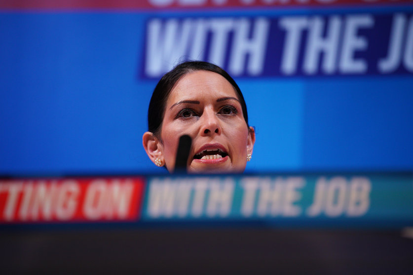 19 March 2022, United Kingdom, Blackpool: UK Home Secretary Priti Patel speaks during the Conservative Party Spring Forum at Winter Gardens. Photo: Peter Byrne/PA Wire/dpa.