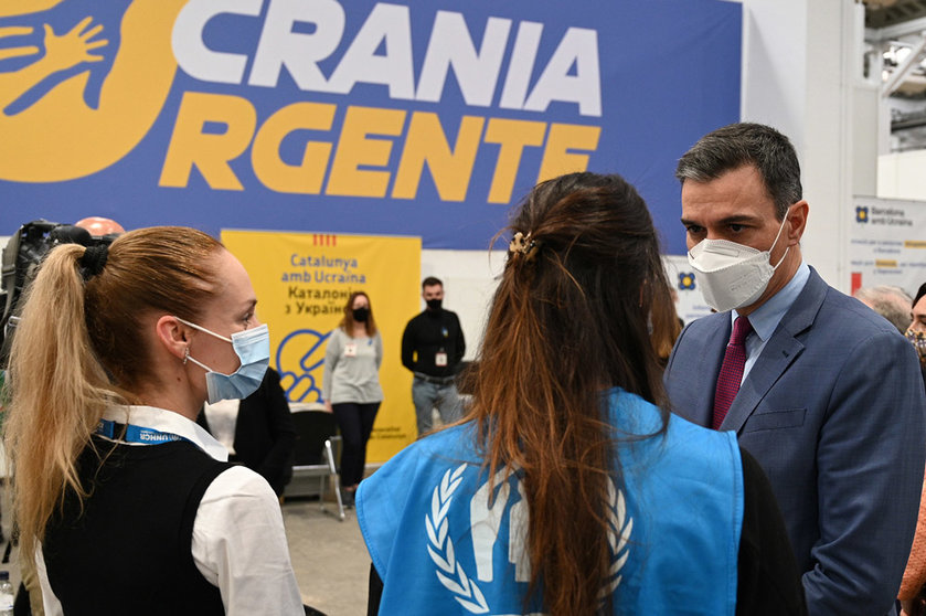 08/04/2022. Spanish Prime Minister, Pedro Sánchez, has visited the Center for Attention, Reception and Referral for Ukrainian refugees, located in the Fira de Barcelona. Photo: La Moncloa.