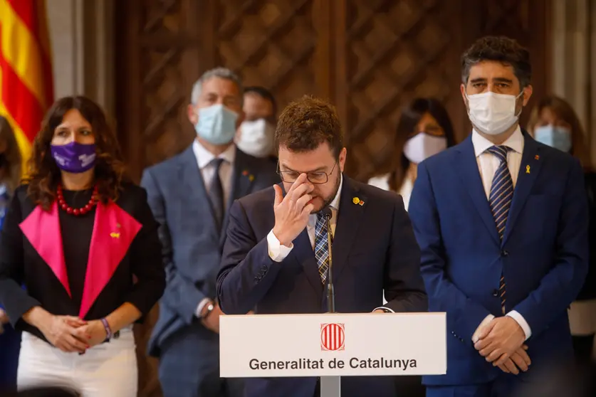 19 April 2022, Spain, Barcelona: Catalan regional president Pere Aragones, holds a press conference on the alleged spying on dozens of Catalan separatists. Photo: Kike Rincón/EUROPA PRESS/dpa.