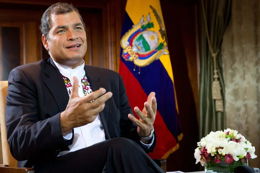 FILED - 17 April 2013, Berlin: Then President of Ecuador Rafael Correa speaks during an interview. Former Ecuadorian President Correa has been granted political asylum in Belgium, according to a statement released on Saturday by his lawyer. Photo: picture alliance / dpa.