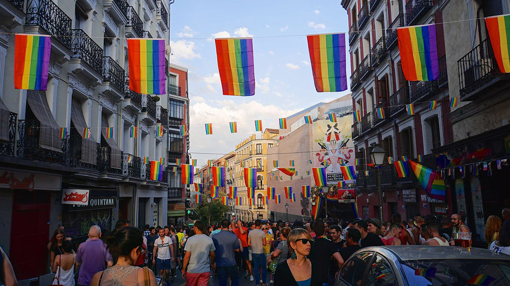 A view of the Madrid Pride celebrations in the Chueca Neighbourhood in 2015. Photo: Tedeytan, via Wikimedia Commons.