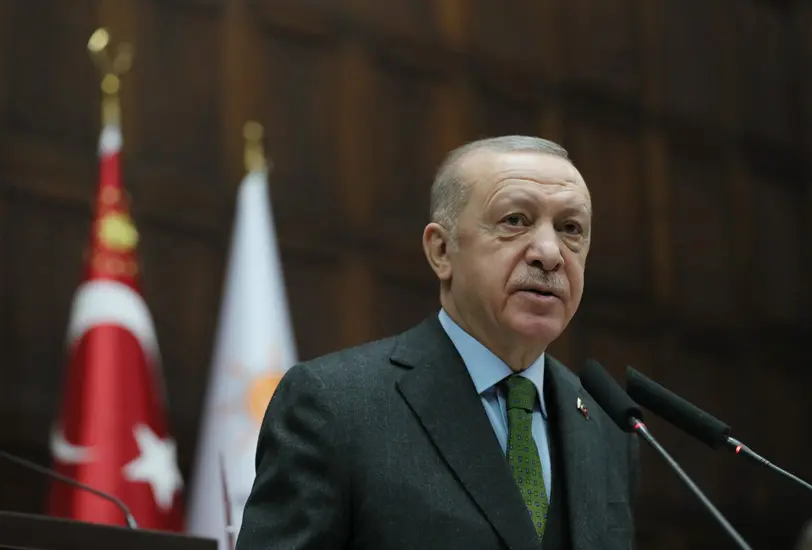 FILED - 09 March 2022, Turkey, Ankara: Recep Tayyip Erdogan, Turkish President and chairman of the Justice and Development (AK) Party, speaks during an AK Party parliamentary group meeting at the Grand National Assembly. Photo: Mustafa Kamaci/Turkish Presidency /dpa - ATTENTION: editorial use only and only if the credit mentioned above is referenced in full.