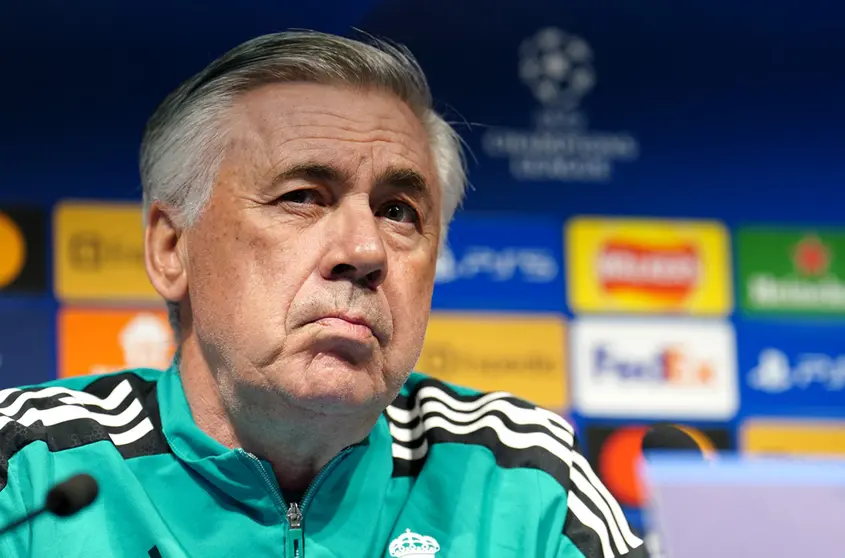 25 April 2022, United Kingdom, Manchester: Real Madrid manager Carlo Ancelotti attends a press conference at the Etihad Stadium, ahead of Tuesday's UEFA Champions League semi-final first leg soccer match against Manchester City. Photo: Martin Rickett/PA Wire/dpa.