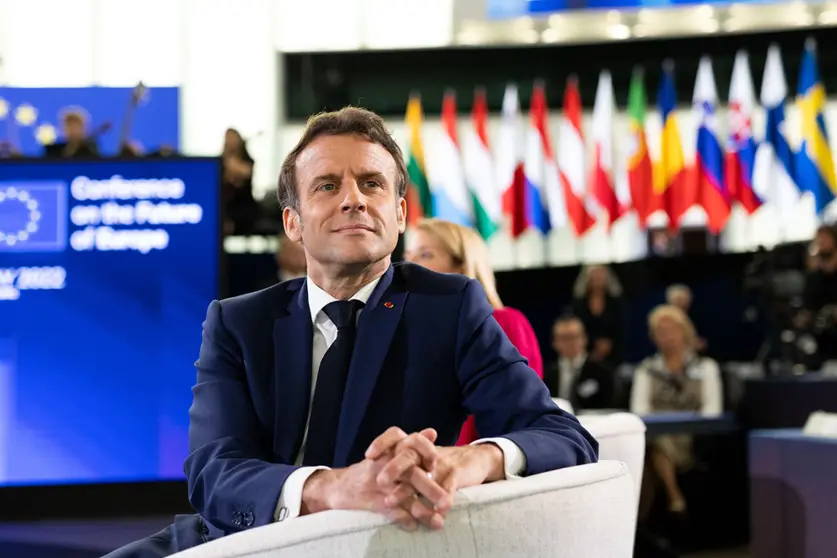 HANDOUT - 09 May 2022, France, Strasbourg: French President Emmanuel Macron attends the closing event of the Conference on the Future of Europe at the EU Parliament in Strasbourg. Photo: Mathieu Cugnot/EU Parliament/dpa - ATTENTION: editorial use only and only if the credit mentioned above is referenced in full.