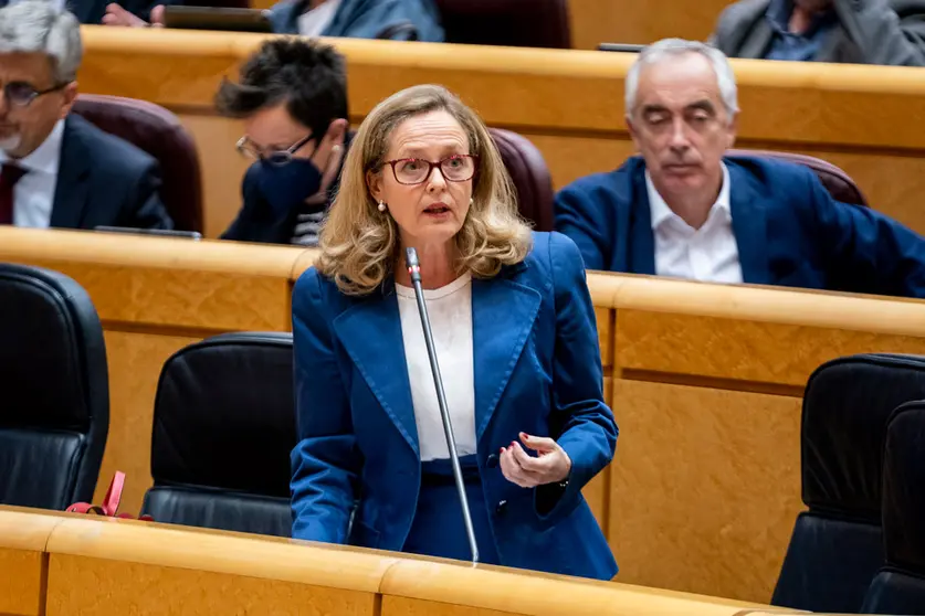 10 May 2022, Spain, Madrid: Minister of Economy of Spain Nadia Calvino speaks during a Senate session. Calvino refused to be in a group photo at a managers' forum because she would have been the only woman in the picture, an act that has won her praise and condemnation. Photo: A. Pérez Meca/EUROPA PRESS/dpa.