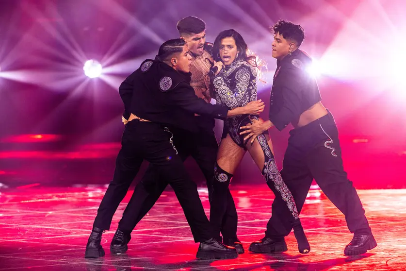 13 May 2022, Italy, Turin: Chanel from Spain performs "SloMo" the dress rehearsal for the final of the 2022 Eurovision Song Contest (ESC). The final of the 66th version of the international music contest will be held in Turin on 14 May with a total of 40 participants. Photo: Jens Büttner/dpa.