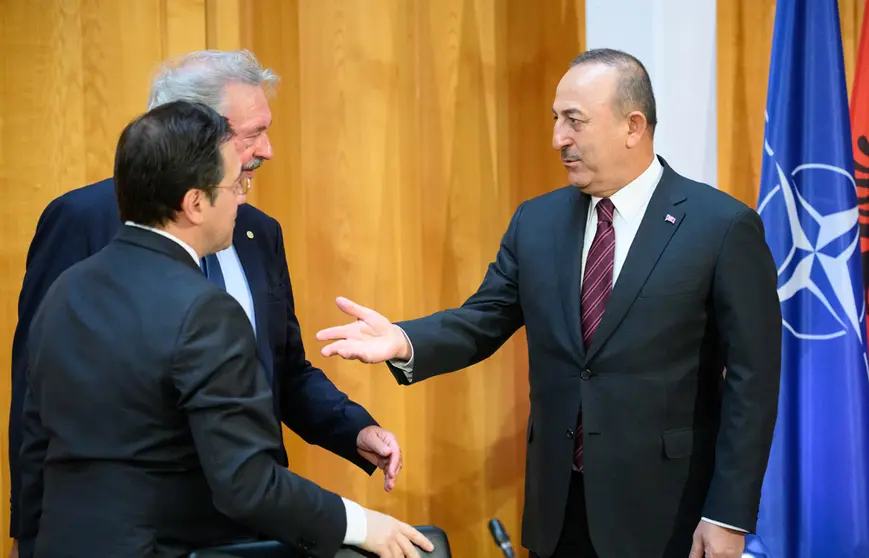 15 May 2022, Berlin: (L-R) Jose Manuel Albares, Foreign Minister of Spain, Jean Asselborn, Foreign Minister of Luxembourg, and Mevlut Cavusoglu, Foreign Minister of Turkey, attend the first session of NATO's Foreign Ministers meeting at the Federal Foreign Office in Berlin. The main topic of the informal consultations of NATO's Foreign Ministers is the war in Ukraine. Photo: Bernd von Jutrczenka/dpa Pool/dpa.