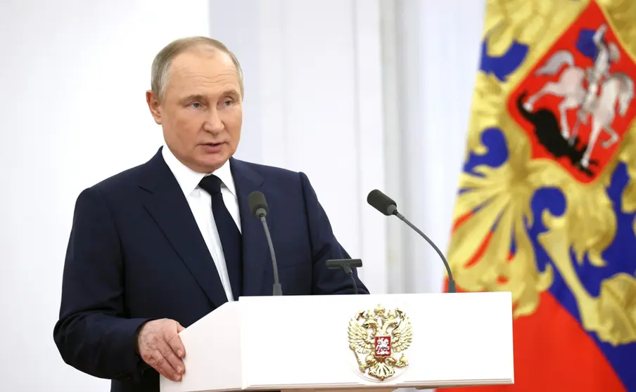 HANDOUT - 26 April 2022, Russia, Moscow: Russian President Vladimir Putin delivers a speech during a state awards ceremony for the Russian Olympic Committee's medalists of the Beijing 2022 Winter Olympic Games and members of the Russian Paralympic team at the Kremlin. Photo: -/Kremlin/dpa - ATTENTION: editorial use only and only if the credit mentioned above is referenced in full.