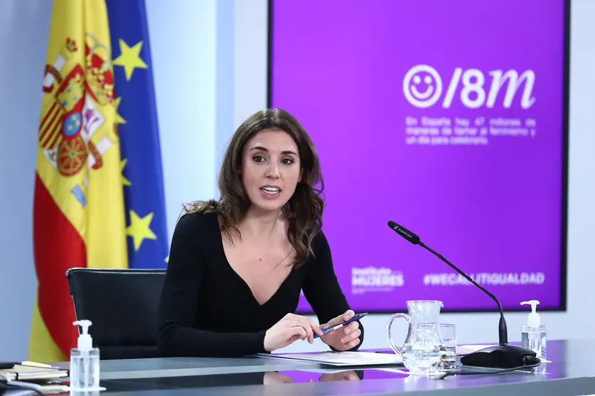 08/03/2022. The Minister for Equality, Irene Montero, speaks in the press room at La Moncloa at the end of the meeting of the Council of Ministers. Photo: La Moncloa.