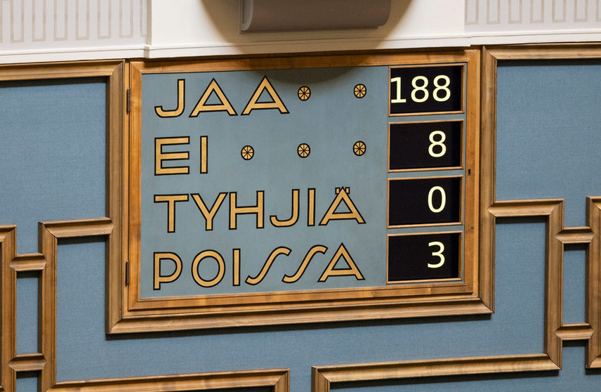 17/05/2022. Finnish Parliament voted to support Finland's application for NATO membership. It adopted the position in accordance with the report of the Committee on Foreign Affairs by 188-8 votes. Photo: Hanne Salonen/Eduskunta.