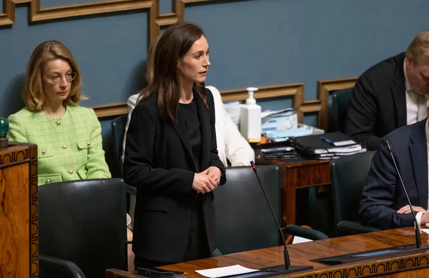 05/17/2022. The Finnish Prime Minister, Sanna Marin, speaks before the plenary session of Parliament, in the debate prior to the vote on Finland's accession to NATO. Photo: Hanne Salonen/Eduskunta.