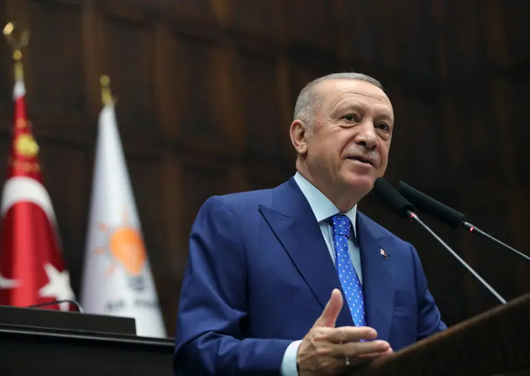 HANDOUT - 18 May 2022, Turkey, Ankara: Turkish President Recep Tayyip Erdogan speaks during the Justice and Development Party's parliamentary group meeting at the Grand National Assembly of Turkey. Photo: -/Turkish Presidency/dpa - ATTENTION: editorial use only and only if the credit mentioned above is referenced in full.