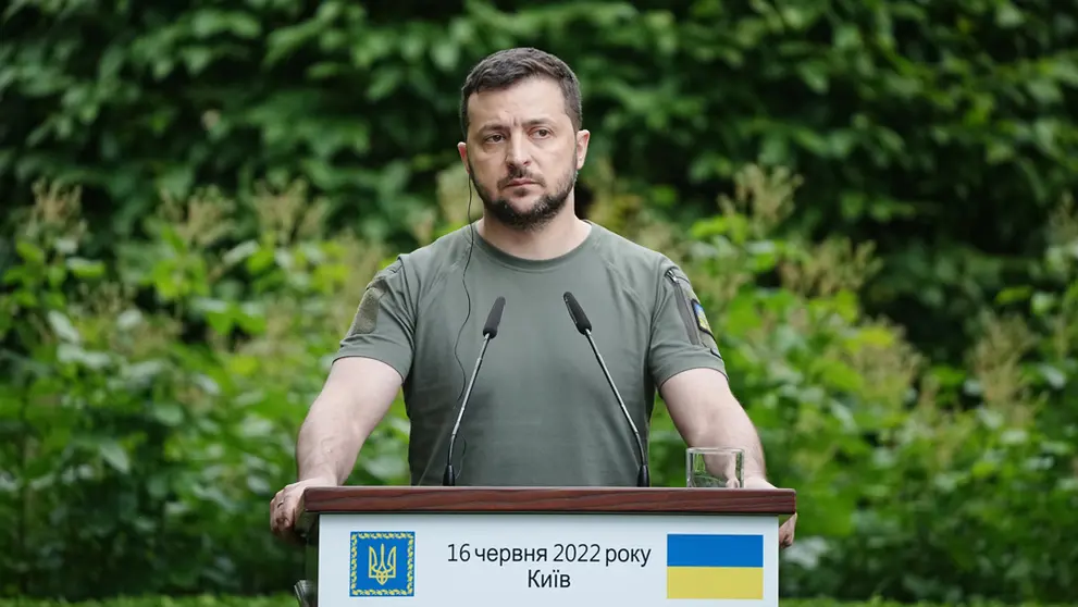 16 June 2022, Ukraine, Kiev: Ukrainian President Volodymyr Zelensky speaks during a press conference with French President Emmanuel Macron, German Chancellor Olaf Scholz, Romanian President Klaus Iohannis and Italian Prime Minister Mario Draghi after their meeting. Photo: Kay Nietfeld/dpa.