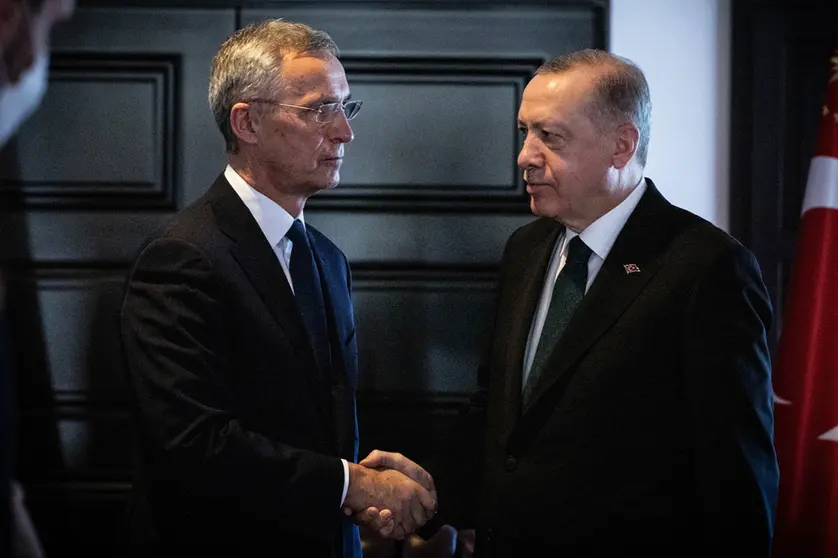 FILED - 11 March 2022, Turkey, Antalya: NATO Secretary General Jens Stoltenberg meets with Turkish President Recep Tayyip Erdogan at the Antalya Diplomacy Forum. Photo: -/NATO/dpa - ATTENTION: editorial use only and only if the credit mentioned above is referenced in full.